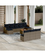 Salon de jardin 11 pcs avec coussins gris résine tressée | Mobilier & Déco