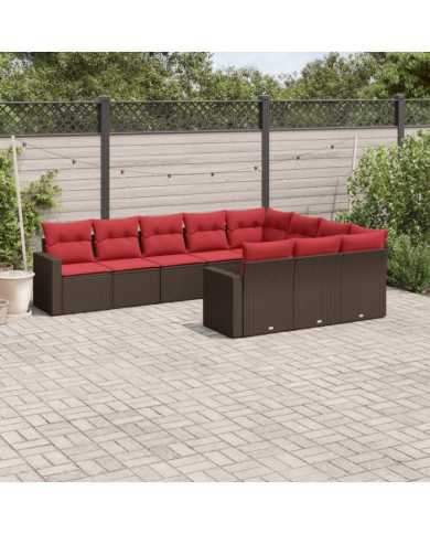 Salon de jardin 10 pcs avec coussins marron résine tressée | Mobilier & Déco