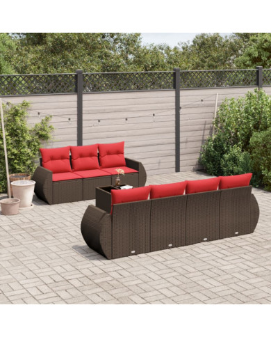 Salon de jardin 8 pcs avec coussins marron résine tressée | Mobilier & Déco