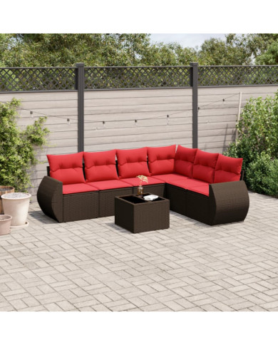 Salon de jardin avec coussins 7 pcs marron résine tressée | Mobilier & Déco
