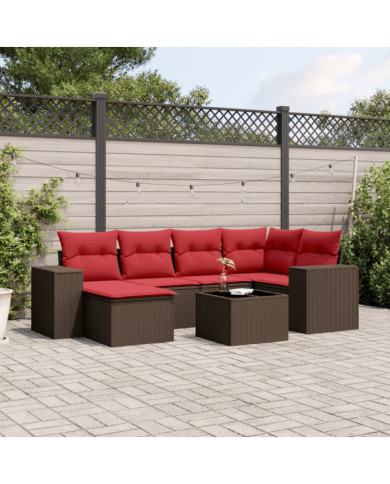 Salon de jardin avec coussins 7 pcs marron résine tressée | Mobilier & Déco