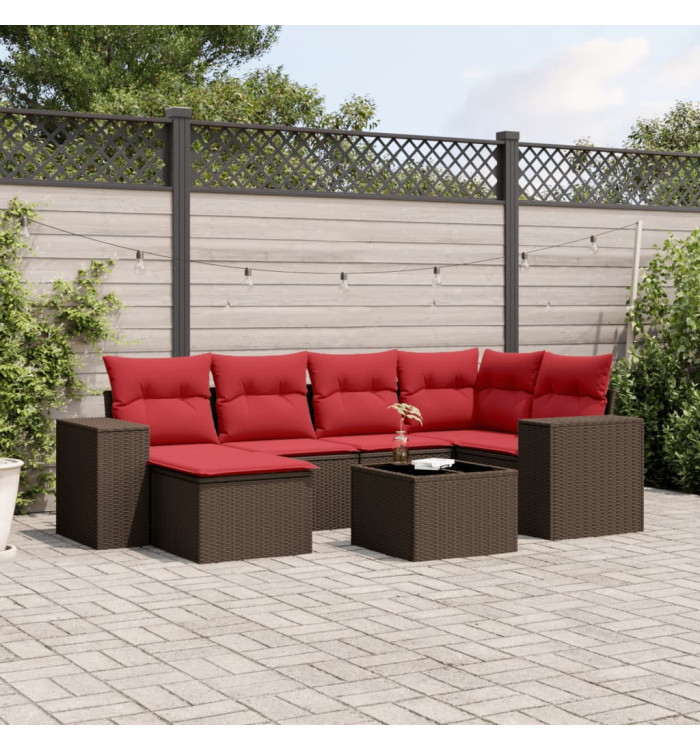 Salon de jardin avec coussins 7 pcs marron résine tressée | Mobilier & Déco