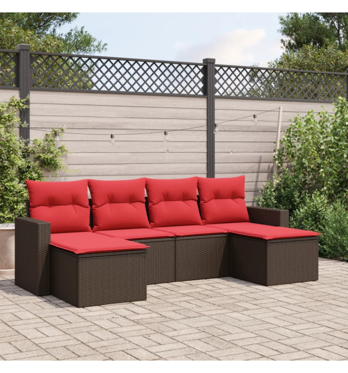 Salon de jardin 6 pcs avec coussins marron résine tressée | Mobilier & Déco