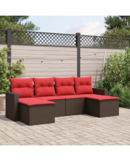 Salon de jardin 6 pcs avec coussins marron résine tressée | Mobilier & Déco
