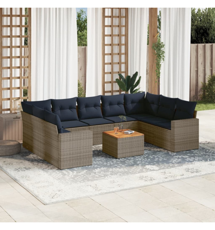 Salon de jardin 10 pcs avec coussins gris résine tressée | Mobilier & Déco