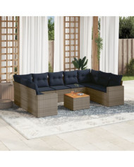 Salon de jardin 10 pcs avec coussins gris résine tressée | Mobilier & Déco