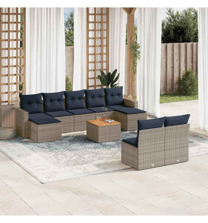 Salon de jardin 10 pcs avec coussins gris résine tressée | Mobilier & Déco