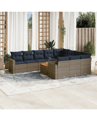 Salon de jardin 11 pcs avec coussins gris résine tressée | Mobilier & Déco