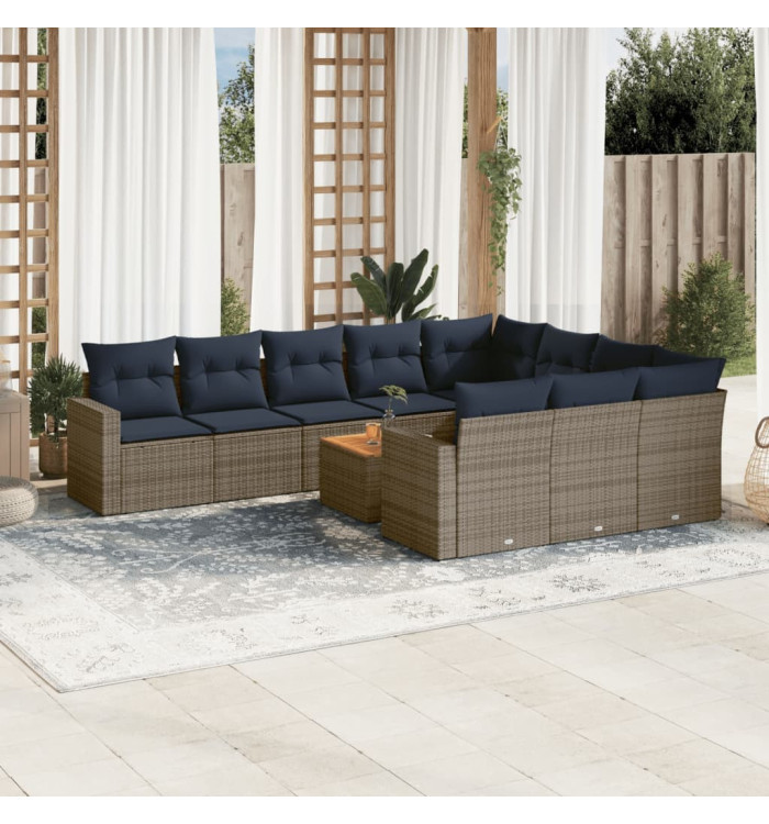 Salon de jardin 11 pcs avec coussins gris résine tressée | Mobilier & Déco