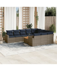 Salon de jardin 11 pcs avec coussins gris résine tressée | Mobilier & Déco