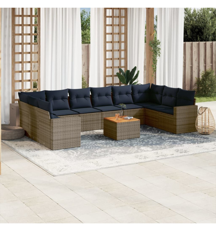 Salon de jardin 11 pcs avec coussins gris résine tressée | Mobilier & Déco
