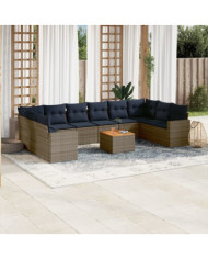 Salon de jardin 11 pcs avec coussins gris résine tressée | Mobilier & Déco