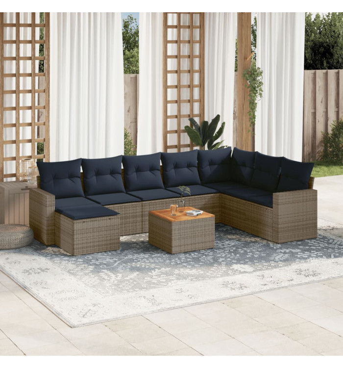 Salon de jardin 9 pcs avec coussins gris résine tressée | Mobilier & Déco