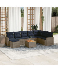 Salon de jardin 9 pcs avec coussins gris résine tressée | Mobilier & Déco