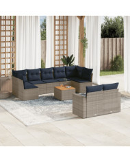 Salon de jardin 10 pcs avec coussins gris résine tressée | Mobilier & Déco