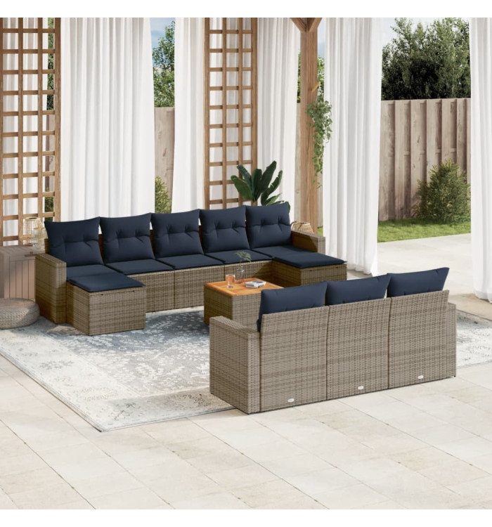 Salon de jardin 11 pcs avec coussins gris résine tressée | Mobilier & Déco