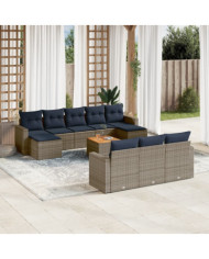 Salon de jardin 11 pcs avec coussins gris résine tressée | Mobilier & Déco