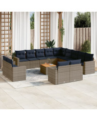 Salon de jardin avec coussins 14 pcs gris résine tressée | Mobilier & Déco