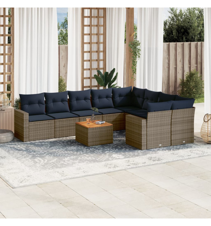 Salon de jardin 10 pcs avec coussins gris résine tressée | Mobilier & Déco