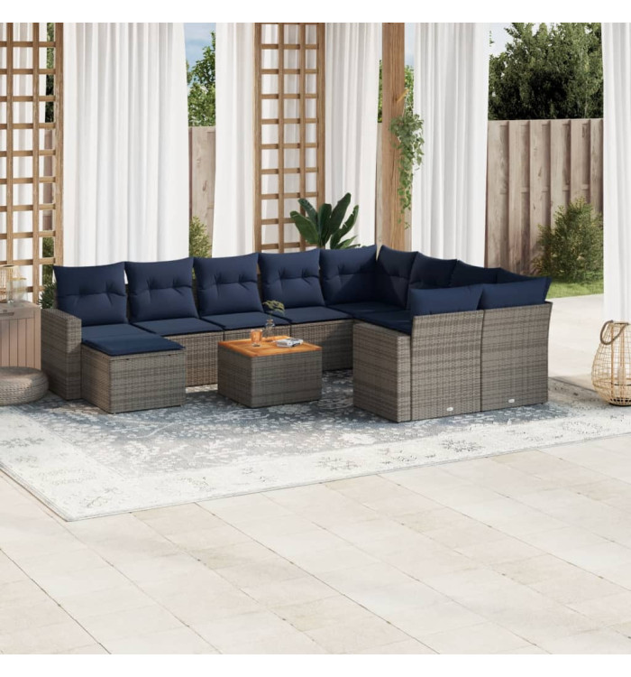Salon de jardin 11 pcs avec coussins gris résine tressée | Mobilier & Déco