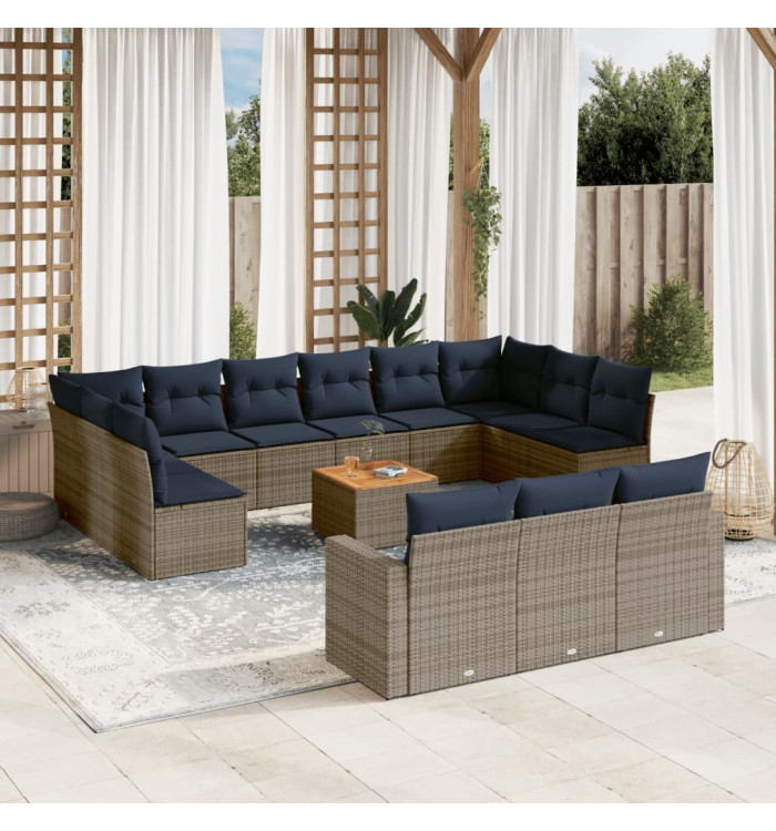 Salon de jardin avec coussins 14 pcs gris résine tressée | Mobilier & Déco