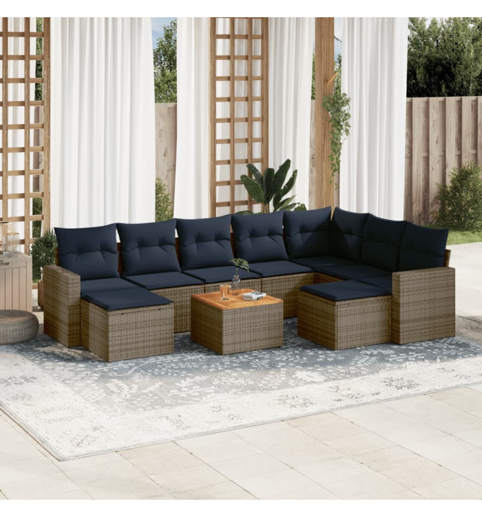 Salon de jardin 10 pcs avec coussins gris résine tressée | Mobilier & Déco