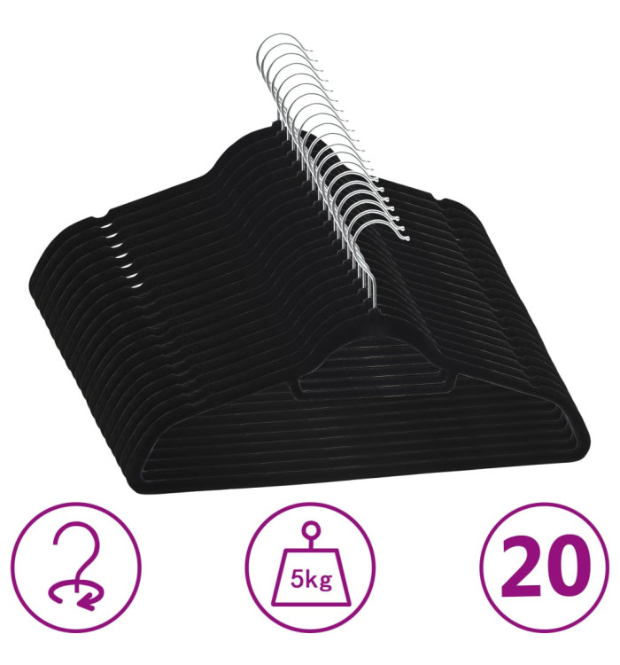 Cintres antidérapants 20 pcs Noir Velours | Mobilier & Déco