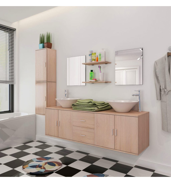 Mobilier de salle de bain avec lavabo 9 pcs Beige | Mobilier & Déco