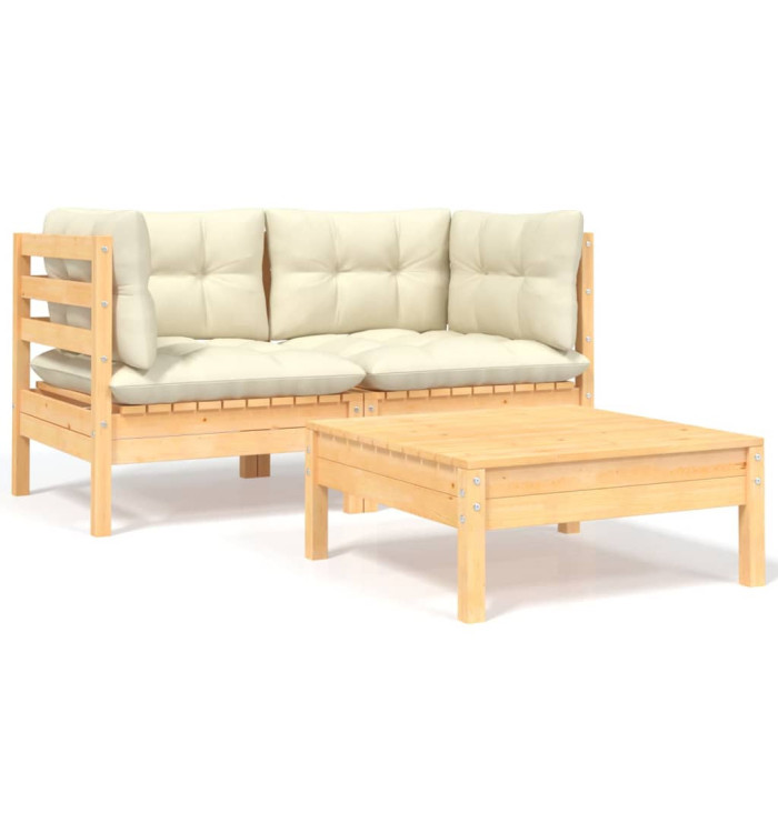 Salon de jardin 3 pcs avec coussins crème Bois de pin massif | Mobilier & Déco