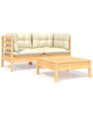Salon de jardin 3 pcs avec coussins crème Bois de pin massif | Mobilier & Déco