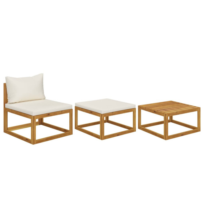 Salon de jardin 3 pcs avec coussins crème Bois d'acacia solide | Mobilier & Déco