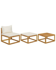 Salon de jardin 3 pcs avec coussins crème Bois d'acacia solide | Mobilier & Déco