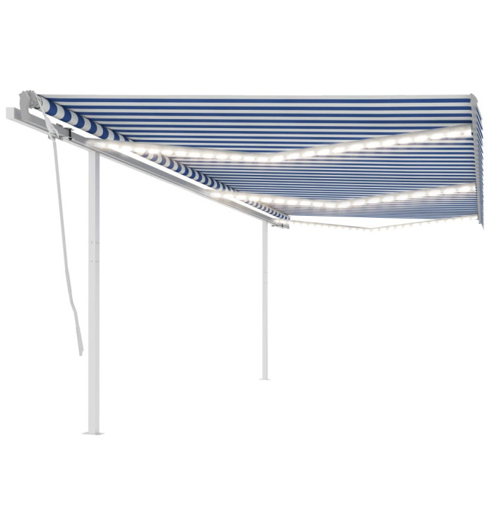 Auvent automatique capteur de vent et LED 6x3,5 m Bleu et blanc | Mobilier & Déco