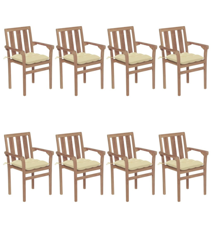 Chaises de jardin empilables avec coussins lot de 8 Teck solide | Mobilier & Déco
