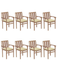 Chaises de jardin empilables avec coussins lot de 8 Teck solide | Mobilier & Déco