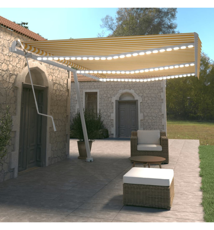 Auvent automatique capteur de vent LED 600x350cm Jaune et blanc | Mobilier & Déco