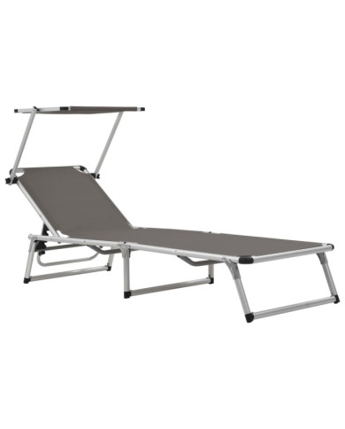 Chaise longue pliable avec toit aluminium et textilène gris | Mobilier & Déco
