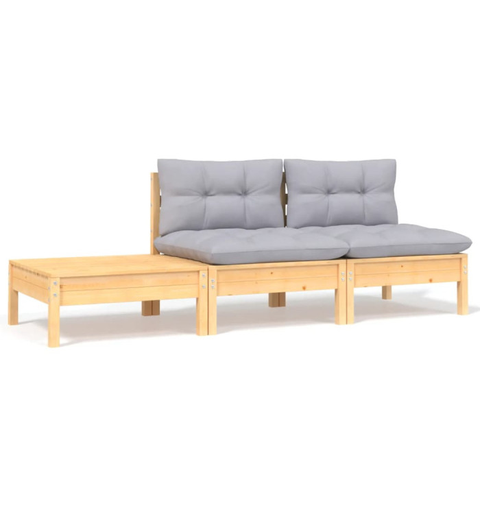Salon de jardin 3 pcs avec coussins gris Bois de pin massif | Mobilier & Déco