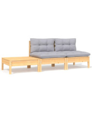 Salon de jardin 3 pcs avec coussins gris Bois de pin massif | Mobilier & Déco