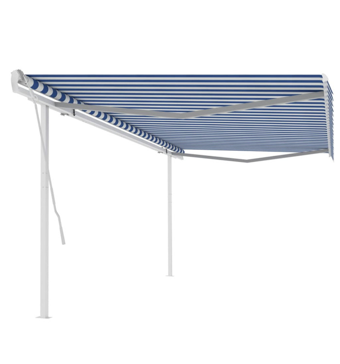 Auvent manuel rétractable avec poteaux 5x3 m Bleu et blanc | Mobilier & Déco