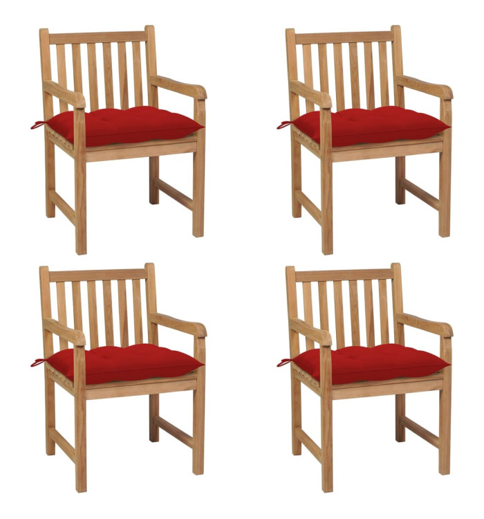 Chaises de jardin lot de 4 et coussins rouge bois teck solide | Mobilier & Déco