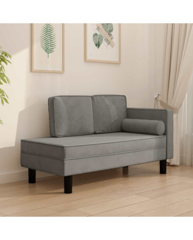 Chaise longue avec coussins et traversin gris clair velours | Mobilier & Déco