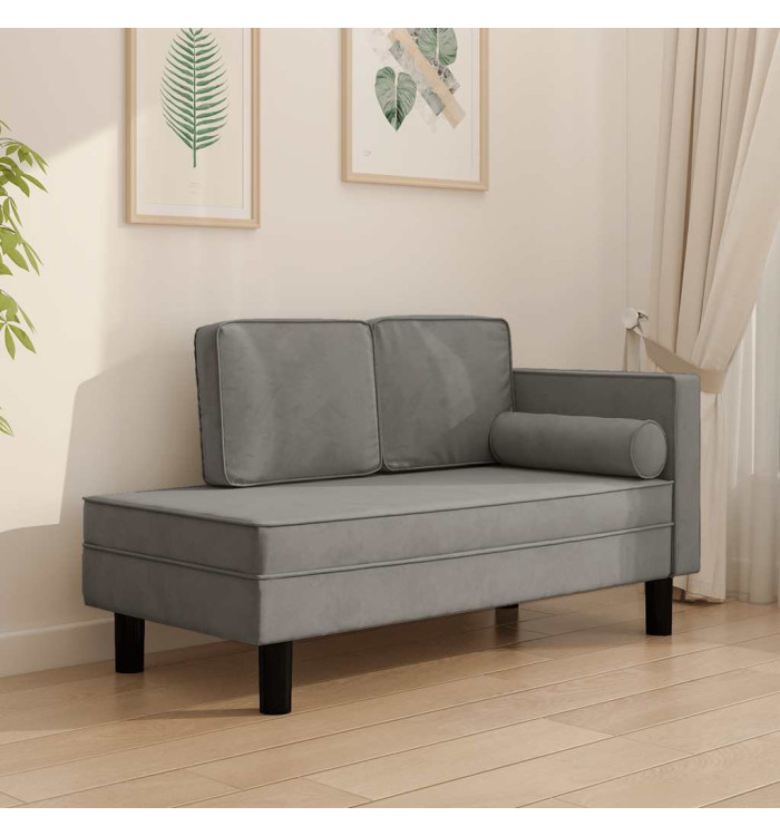 Chaise longue avec coussins et traversin gris clair velours | Mobilier & Déco