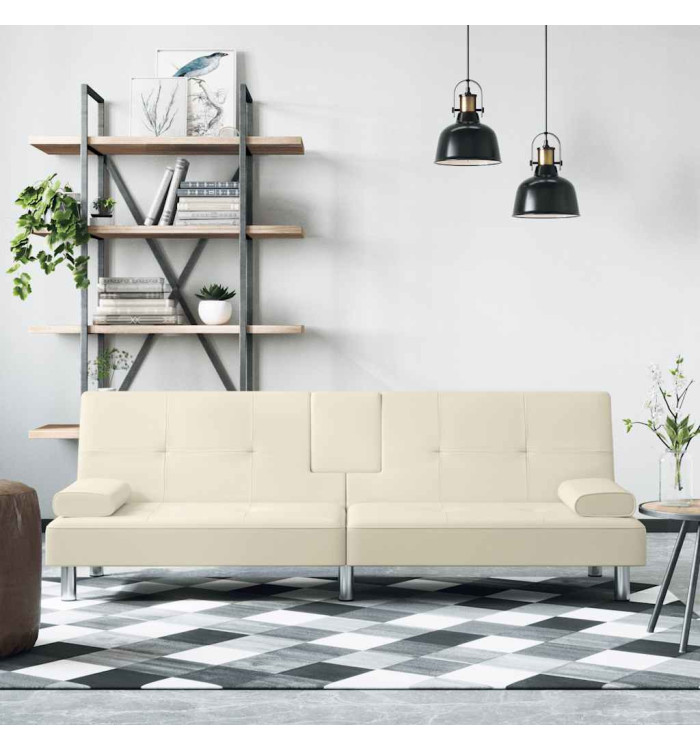 Canapé-lit avec porte-gobelets crème similicuir | Mobilier & Déco
