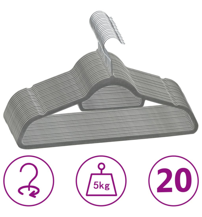 Cintres antidérapants 20 pcs Gris Velours | Mobilier & Déco