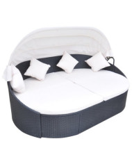 Chaise longue de jardin avec auvent Résine tressée Noir | Mobilier & Déco