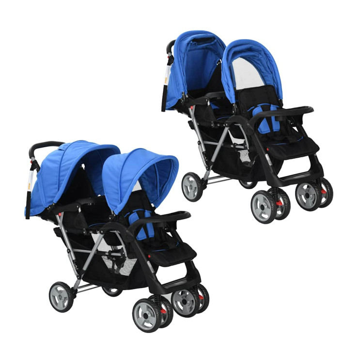 Poussette à deux places acier bleu et noir | Mobilier & Déco