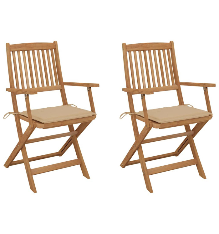 Chaises pliables de jardin lot de 2 avec coussins Bois d'acacia | Mobilier & Déco