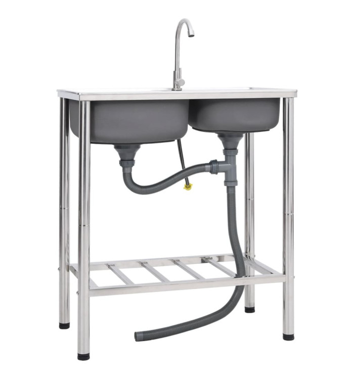 Évier de camping Double lavabo avec robinet Acier inoxydable | Mobilier & Déco