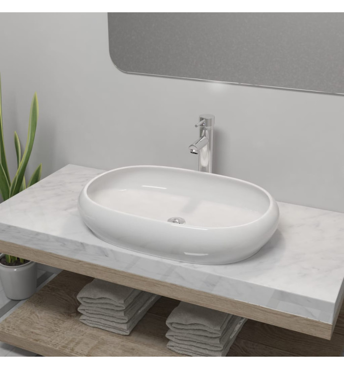 Lavabo de salle de bain avec mitigeur Céramique Ovale Blanc | Mobilier & Déco